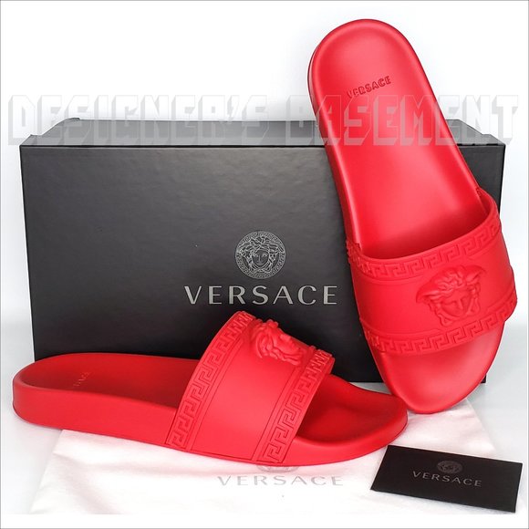 VERSACE men 44EU - 11US CARDINAL red Rubber Medusa head FLIP-FLOP slide sandals - Picture 1 of 8